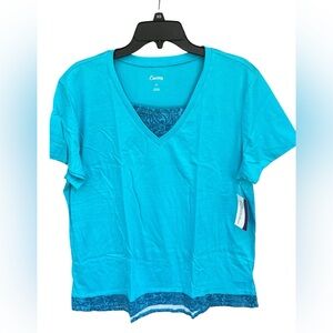 Curves Turquoise V-Neck T-Shirt with Patterned Trim Women’s Size 2X - NWT